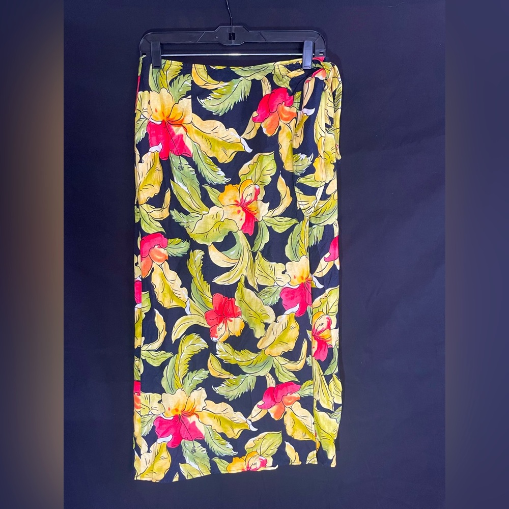 Tropical Print Linen Wrap Skirt